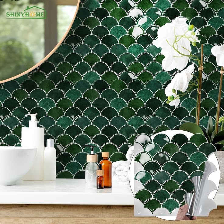 Hot Pick | akadeco Fish scale peel and stick backsplash wall tile | Green | 30.5cm x 30.5cm | OEM | akadeco abstractpeelstickwallpaper.com