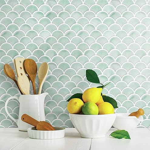 Hot Pick | akadeco Fish scale peel and stick backsplash wall tile | Green | 30.5cm x 30.5cm | OEM | akadeco abstractpeelstickwallpaper.com