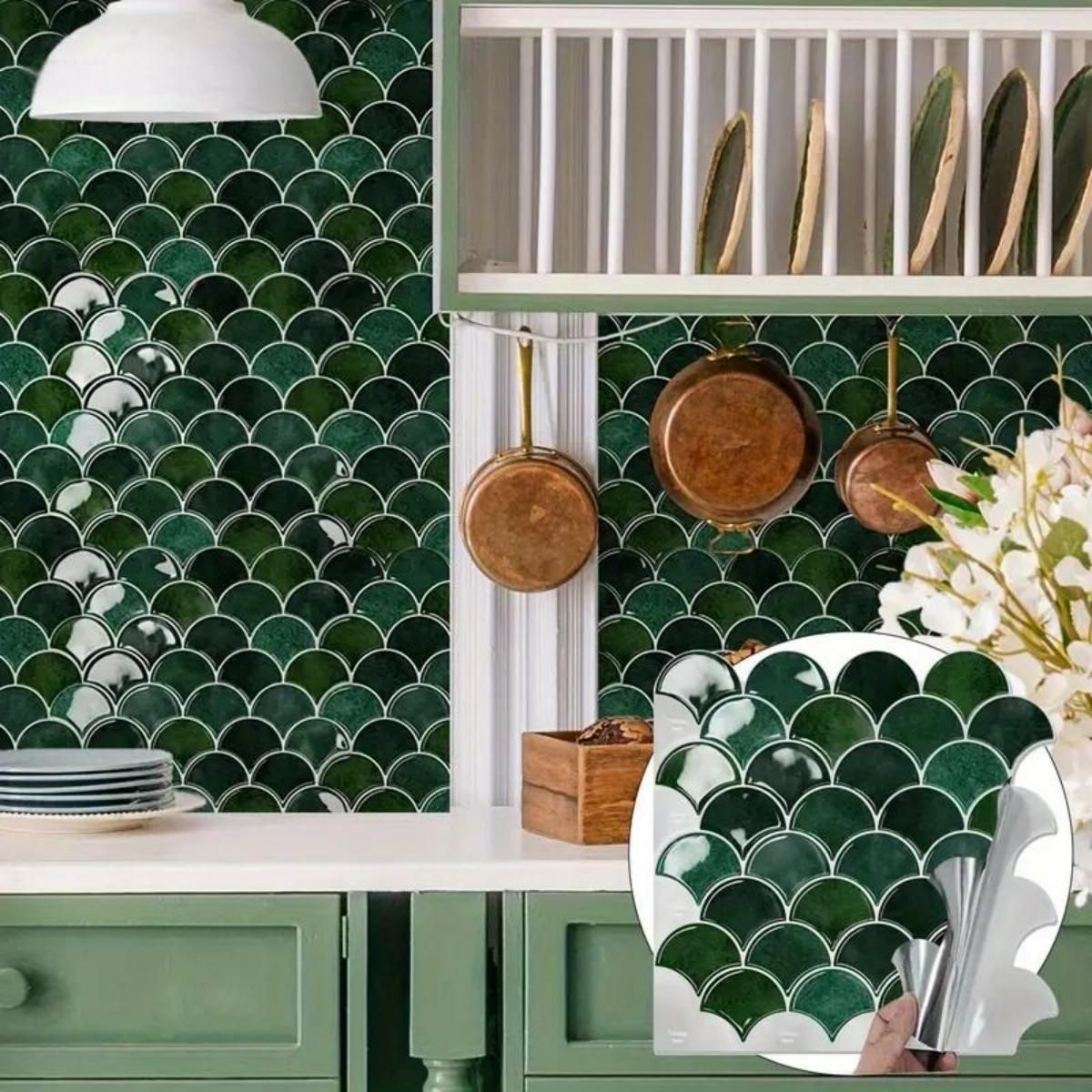 Hot Pick | akadeco Fish scale peel and stick backsplash wall tile | Green | 30.5cm x 30.5cm | OEM | akadeco abstractpeelstickwallpaper.com