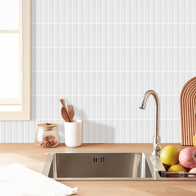 Trending Now |3D Vintage Straight Linear peel and stick backsplash wall tile| Modern Rectangle | White | PU | Kitchen Upgrade | 25.4cm x 25.4cm | OEM | akadeco abstractpeelstickwallpaper.com