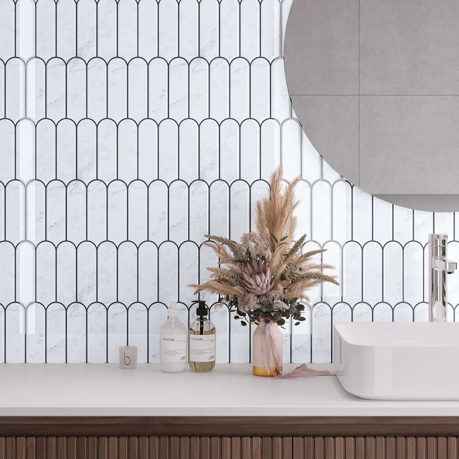 Premium Choice|akadeco Fish scale Mermaid gel tile |PET+PU | Minimalist style|White|Kitchen|Wall Decor|30cm x 30cm| OEM|akadeco abstractpeelstickwallpaper.com