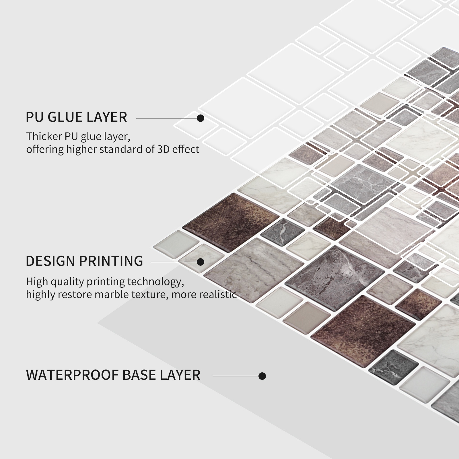 Best Selling | Premium subway peel and stick subway tile backsplash | PU+PVC | Abstract Style | Brown | Kitchen Wall Decor | Bathroom | 25.4cmx25.4cm | OEM | akadeco abstractpeelstickwallpaper.com