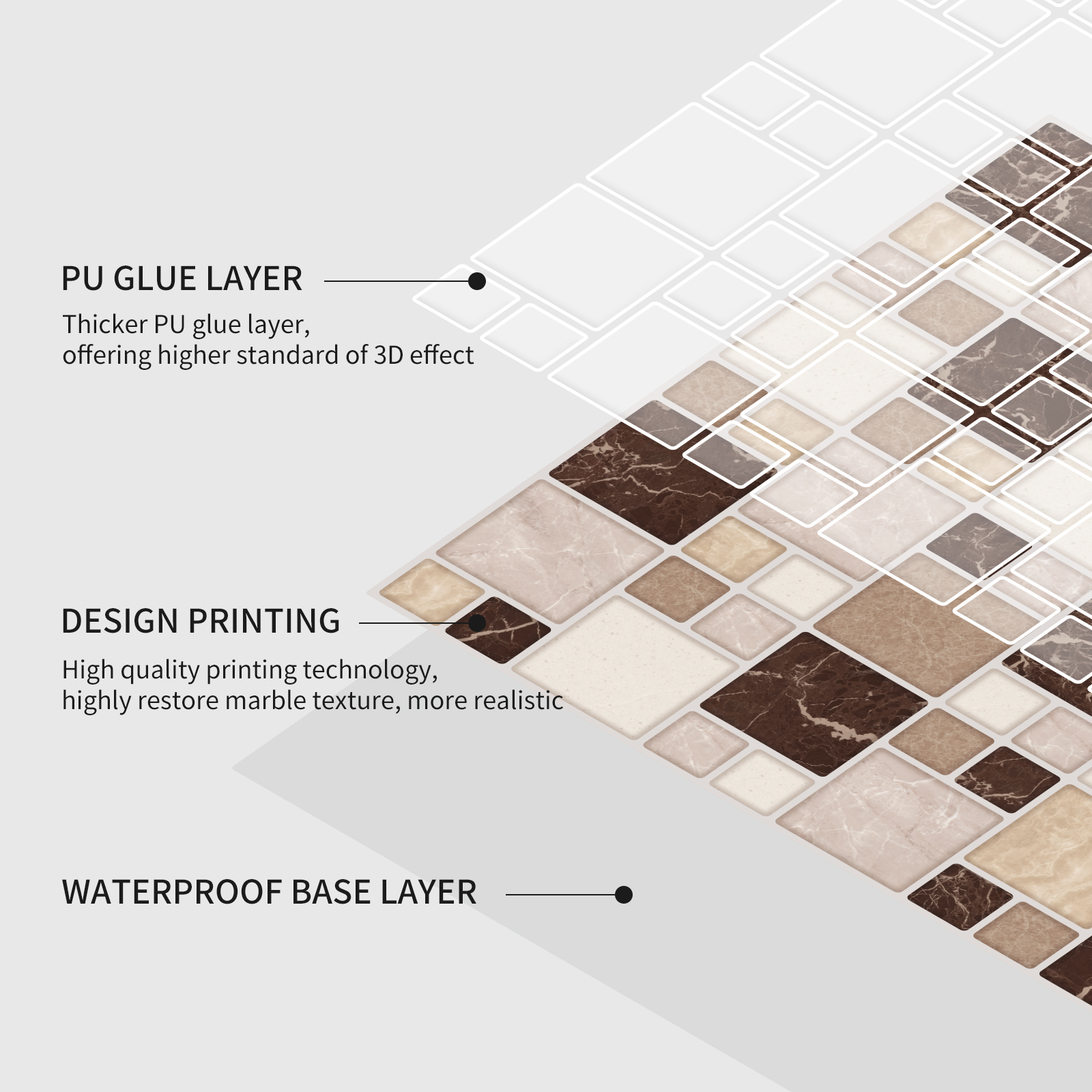Best Selling | Premium subway peel and stick subway tile backsplash | PU+PVC | Abstract Style | Brown | Kitchen Wall Decor | Bathroom | 25.4cmx25.4cm | OEM | akadeco abstractpeelstickwallpaper.com