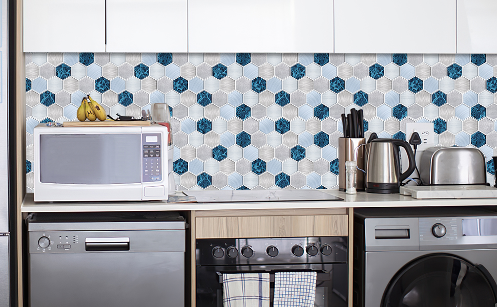 Limited Edition | Hexagon peel and stick backsplash wall tile | PU+PVC | Artistic Design | Black & Silver | Kitchen Renovation | Bathroom Makeover | 25.4cm x 25.4cm | OEM | akadeco abstractpeelstickwallpaper.com