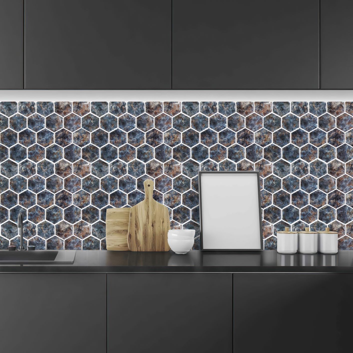 Limited Edition | Hexagon peel and stick backsplash wall tile | PU+PVC | Artistic Design | Black & Silver | Kitchen Renovation | Bathroom Makeover | 25.4cm x 25.4cm | OEM | akadeco abstractpeelstickwallpaper.com