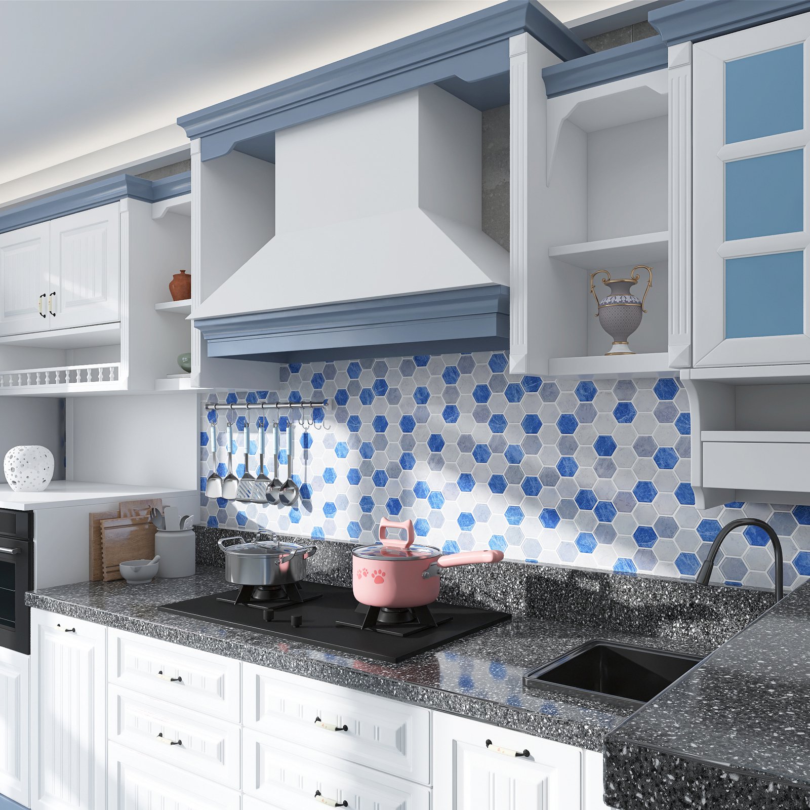 Limited Edition | Hexagon peel and stick backsplash wall tile | PU+PVC | Artistic Design | Black & Silver | Kitchen Renovation | Bathroom Makeover | 25.4cm x 25.4cm | OEM | akadeco abstractpeelstickwallpaper.com